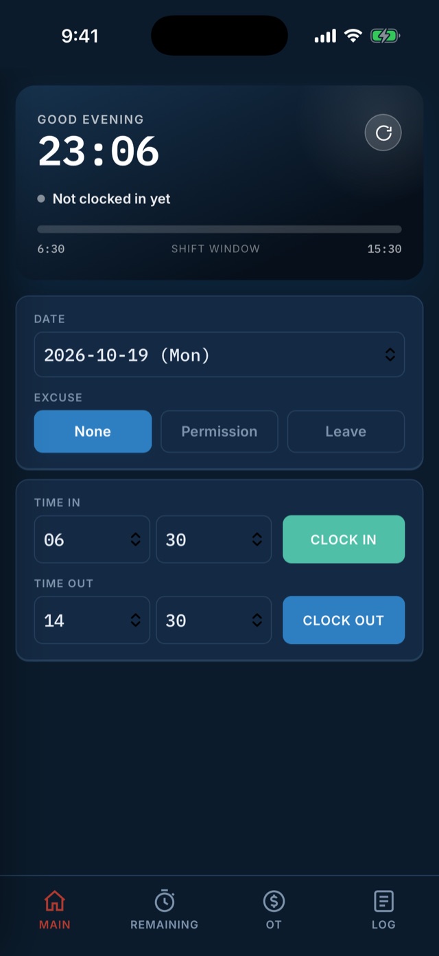 BIO App main screen with clock in and clock out